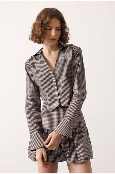 Brown-Multicolor Mini Plaid Fitted Crop Shirt