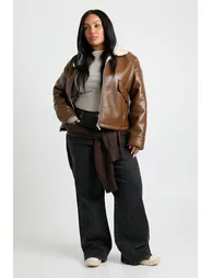 Plus Leather Aviator Jacket - brown - 1
