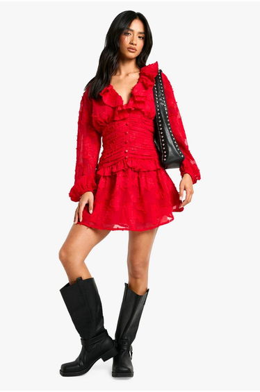 Petite Floral Burnout Ruffle Plunge Ruched Skater Dress - red
