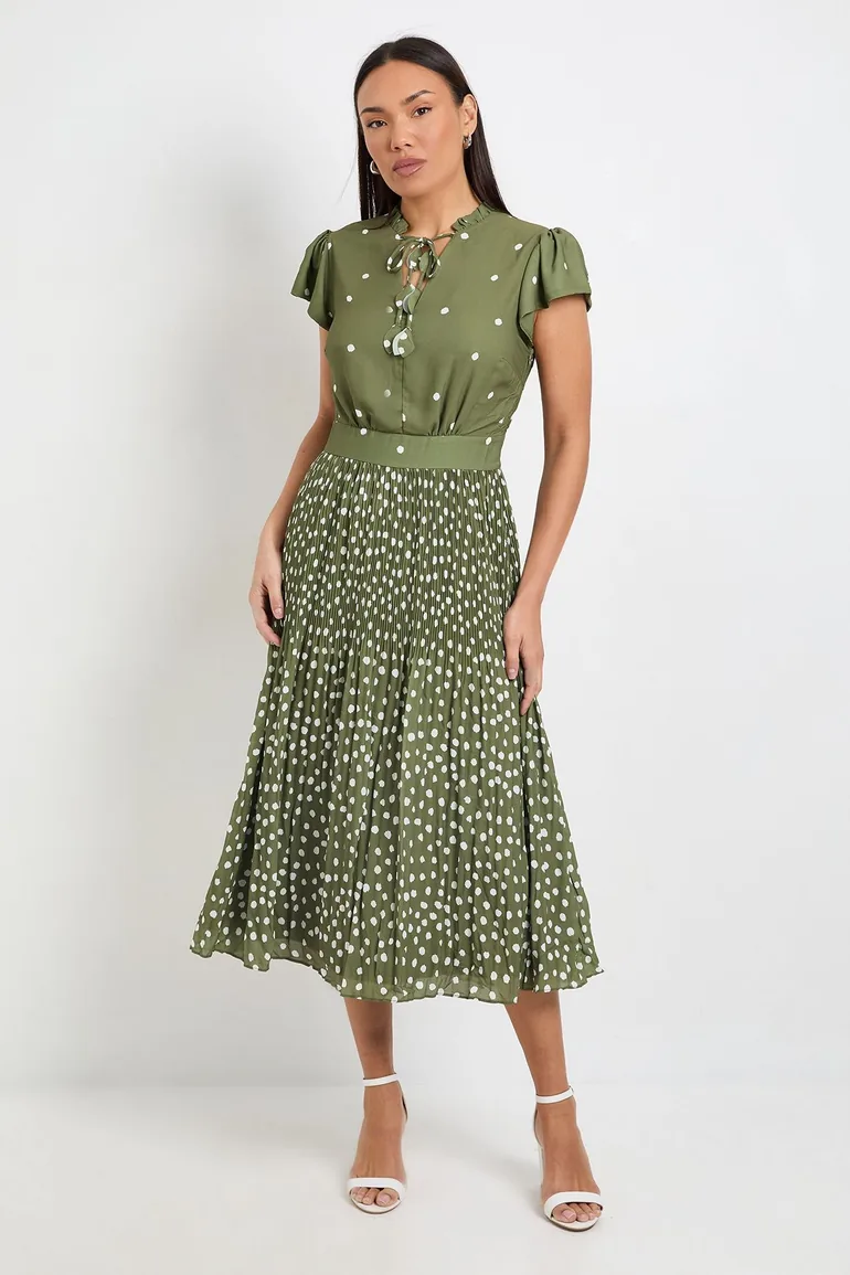 فستان واليس أخضر ميدي منقط على شكل حرف A