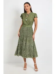 فستان واليس أخضر ميدي منقط على شكل حرف A