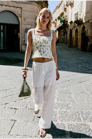 White Laced Brode Straight Cut Trousers