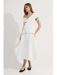 Petite Clean Tailored Asymmetric Collar Belted Full Skirted Tailored Midi Dress