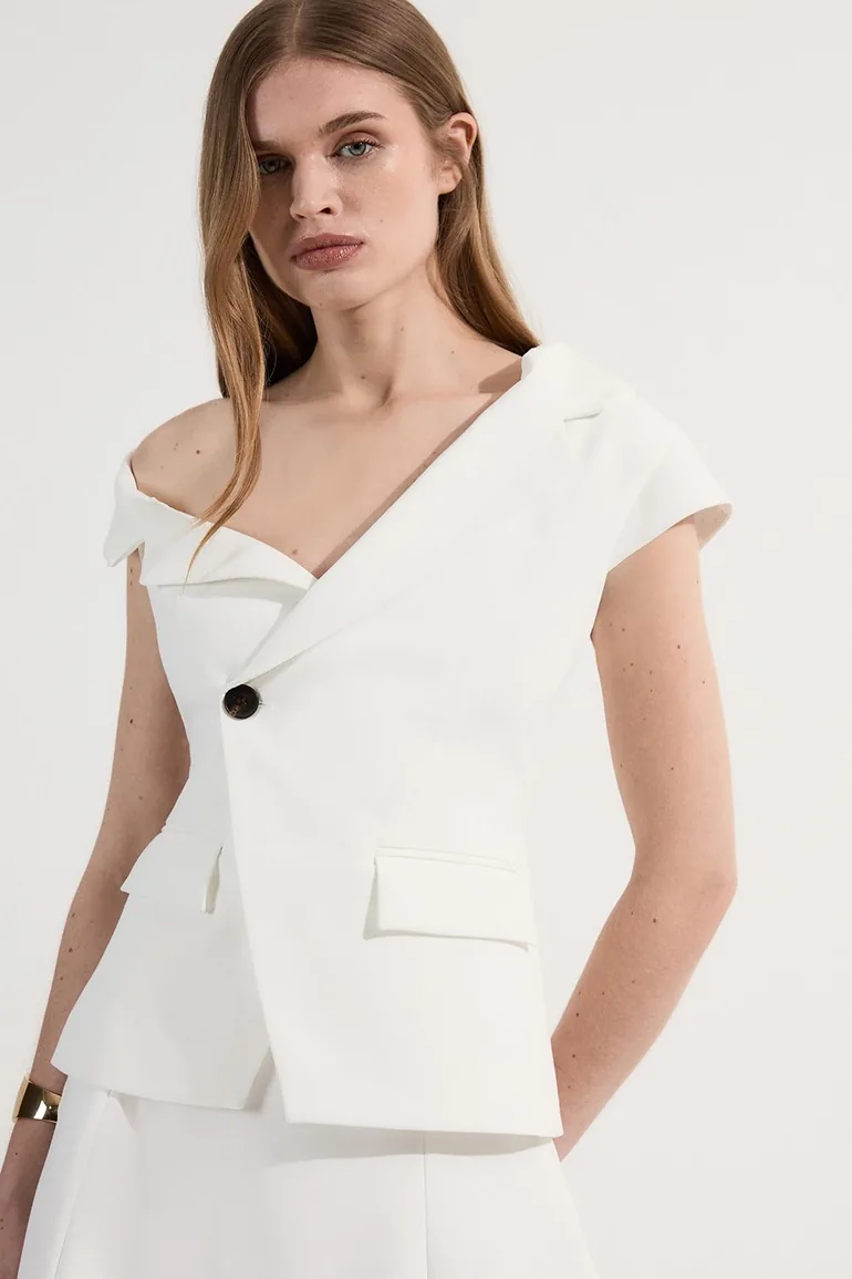 Petite Clean Tailored Asymmetric Collar Belted Full Skirted Tailored Midi Dress - 2