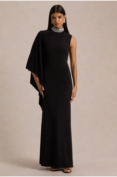 Oriana | Black Embellished High-Neck Maxi Dress With One-Cape Sleeve