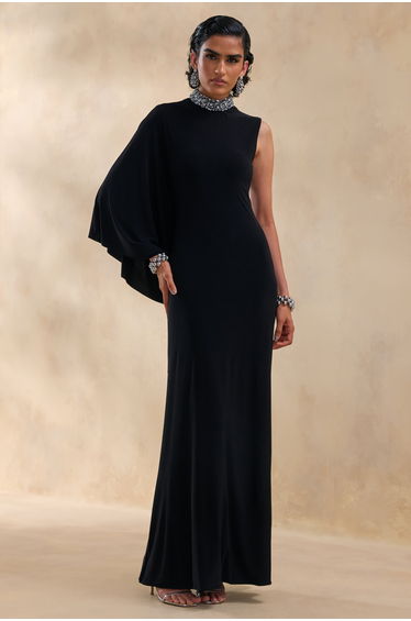 Oriana | Black Embellished High-Neck Maxi Dress With One-Cape Sleeve