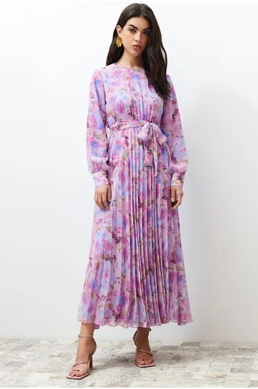 فستان مبطن بطبعة أزهار - زهري