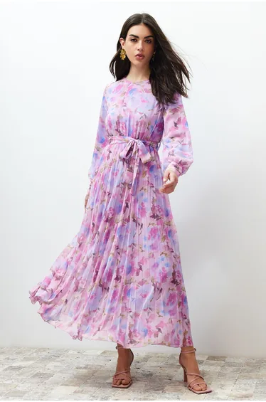 فستان مبطن بطبعة أزهار - زهري