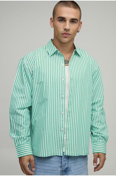 Oversized Slogan Embroidered Stripe Long Sleeve Shirt - green