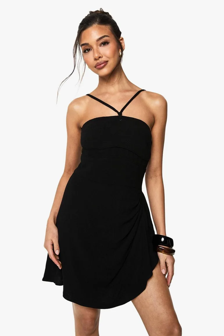 Linen Look Drape Wrap Mini Dress - black - 1