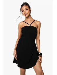 Linen Look Drape Wrap Mini Dress - black - 1