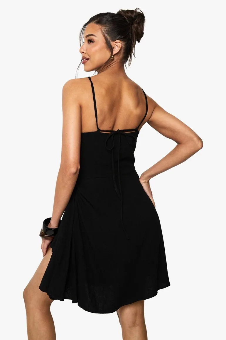 Linen Look Drape Wrap Mini Dress - black - 2