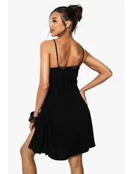 Linen Look Drape Wrap Mini Dress - black - 2