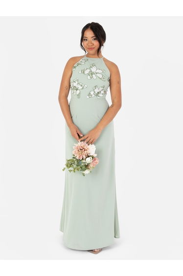Maya Sage Green Floral Embellished Halter Neck Chiffon Maxi Dress