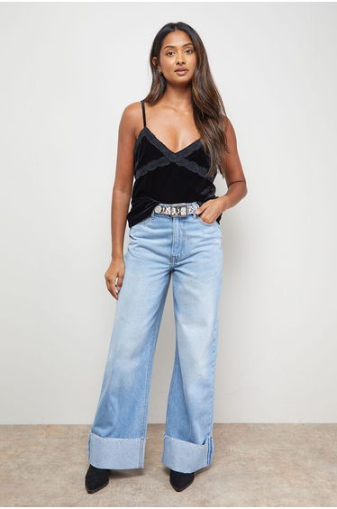 Velvet Lace Detail V Neck Strappy Cami Top