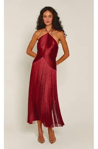 Wine Halter Fringe Midaxi Dress