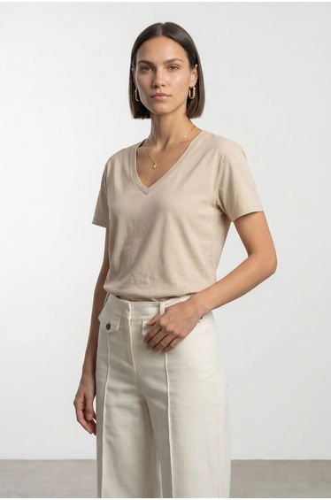 Dilvin Cotton Tencel V-Neck Short-Sleeve Blouse