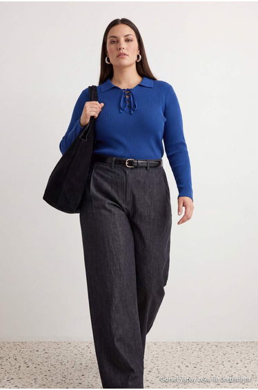 Petrol Polo Neck Ribbed Thin Knitwear Blouse