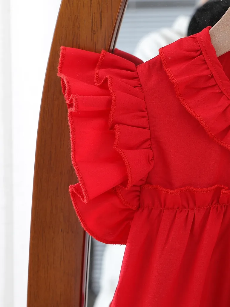Solid Round Neck Ruffled Dress - 3