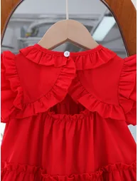 Solid Round Neck Ruffled Dress - 4