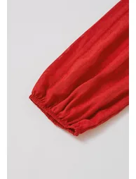 Notch Neckline Floret Eyelet Lantern Sleeves Cotton Dress in Red - 5