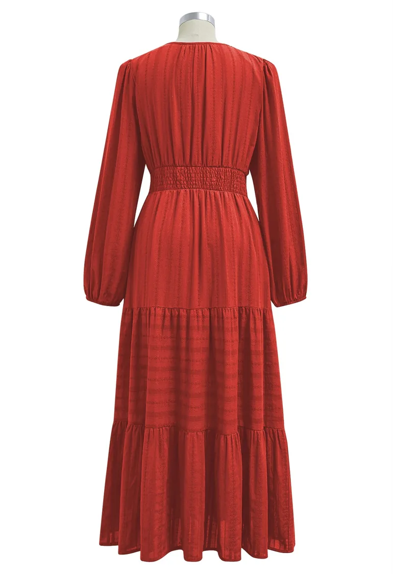 Notch Neckline Floret Eyelet Lantern Sleeves Cotton Dress in Red - 9