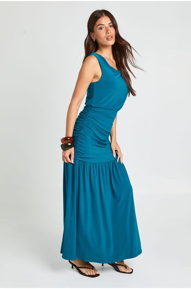 Double Layer Asymmetric Slinky Ruched Waist Maxi Dress - teal product thumbnail 3