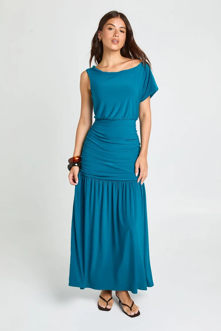 Double Layer Asymmetric Slinky Ruched Waist Maxi Dress - teal