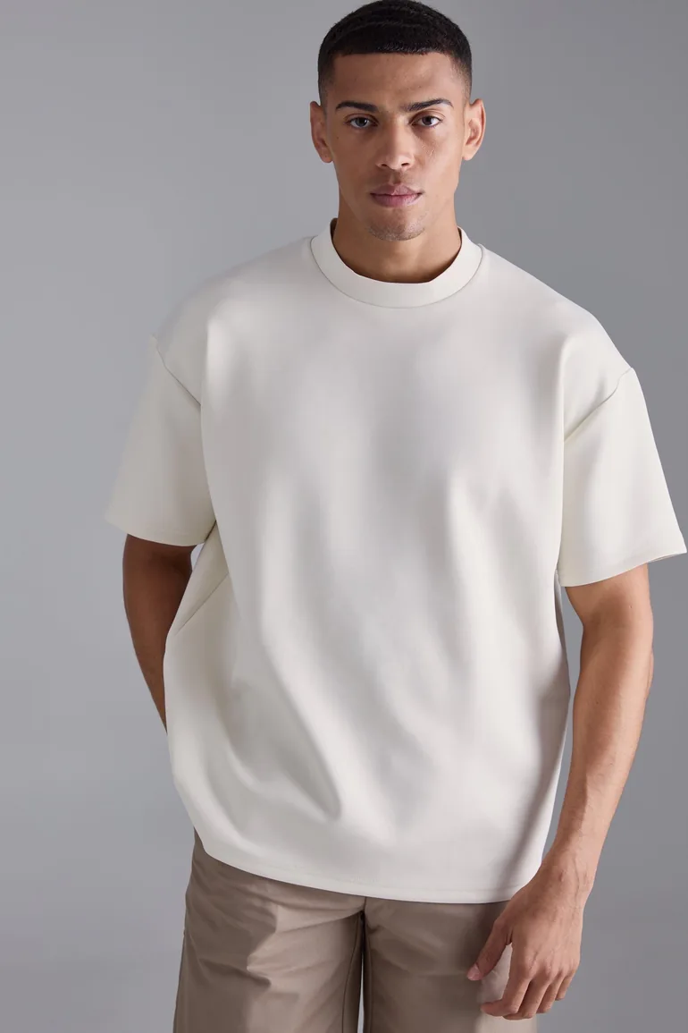 Oversized Extended Neck Scuba T-shirt - ecru