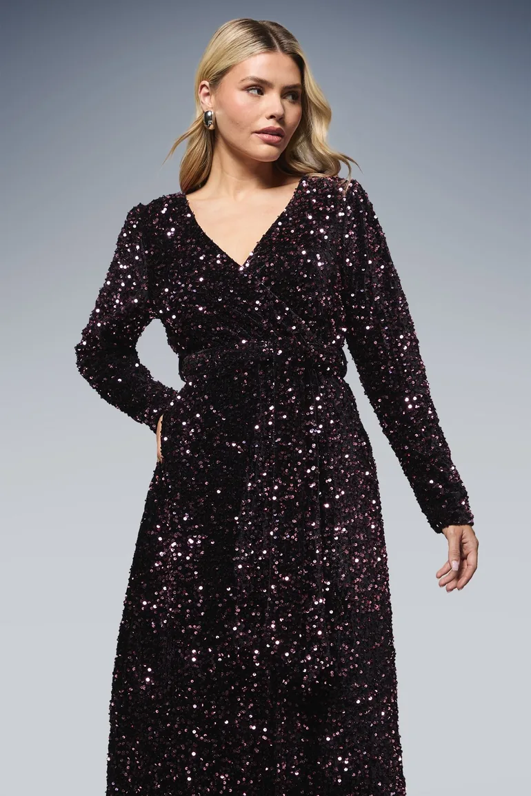 Velvet Sequin Wrap Midi Dress - 1