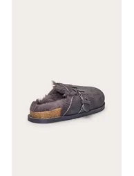 Charcoal Faux Suede Faux Fur Lined Buckle Mules - 3