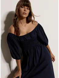Smocked Bardot Midi Dress - 1