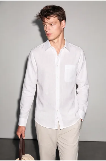 GRIMELANGE ARLES Men's Linen Blend Long Sleeve Single Pocket Regular Fit White Shirt