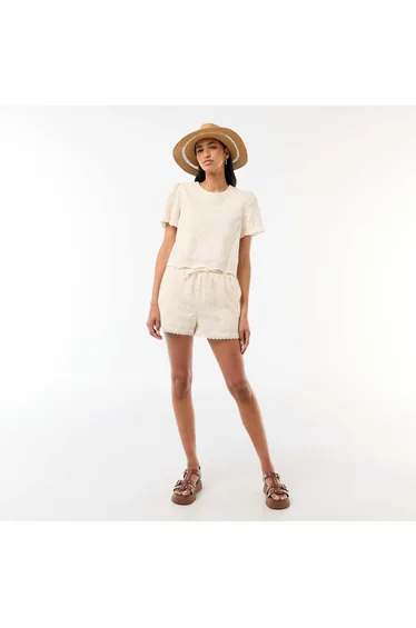Short-Sleeve Broderie Anglaise Cotton Top BEIGE