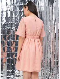 Girls Peach Gathered Waist Mini Dress - 4