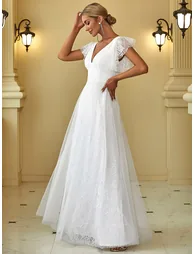 Elegant Maxi Lace Wedding Dress with Ruffle Sleeves - 2
