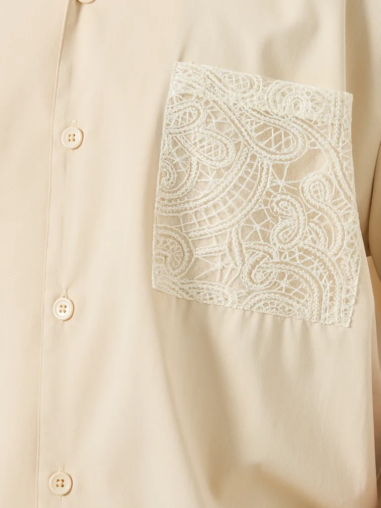 Men Cream Shirt with Crochet Pocket Detail - 2