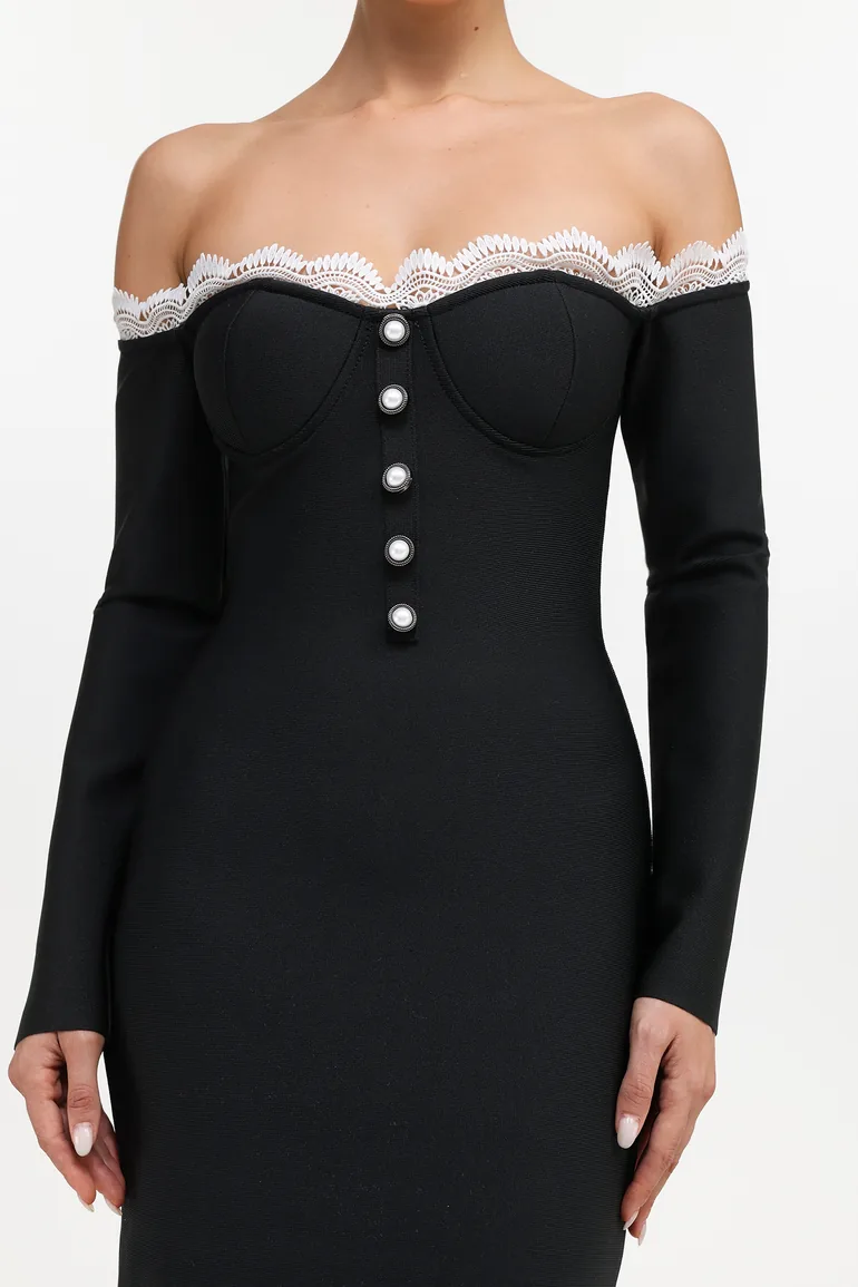 Lousia Romantic Contour Off Shoulder Button Front Lace Trim Bandage Midi Dress - 4
