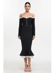 Lousia Romantic Contour Off Shoulder Button Front Lace Trim Bandage Midi Dress