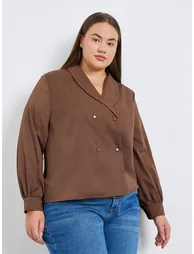 Plus Size Brown Long Sleeve Wrap Blouse - 1