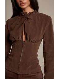 Petite Chocolate Zip Front Gathered Bubble Over Long Sleeve Faux Suede Top - 2