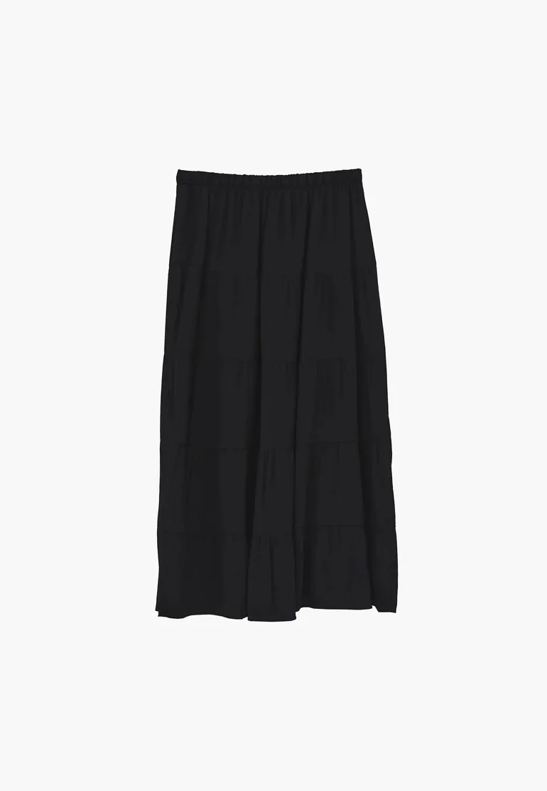High Waist Ruched Midi Skirt - BLACK - 2