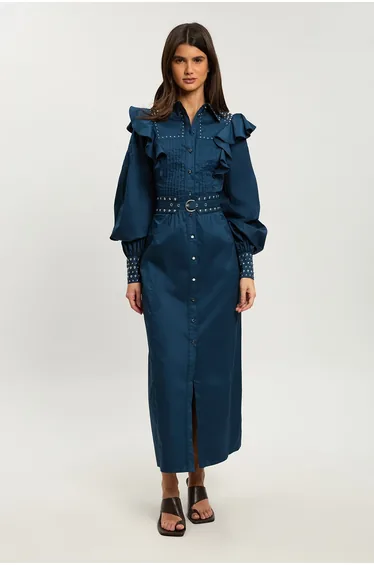 Petite Cotton Sateen Drama Sleeve Studded Woven Maxi Shirt Dress