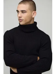 Muscle Fit Ribbed Roll Neck Knitted Jumper - black - 2