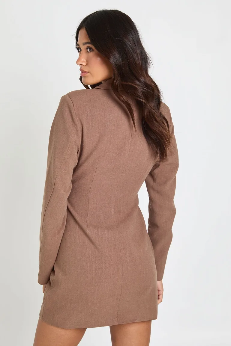 Structured Contour Linen Look Blazer Dress - chocolate - 2