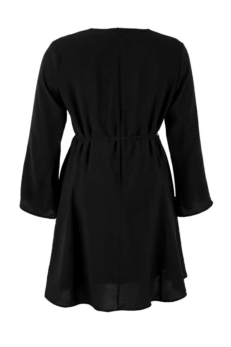 Black Lace-Up V-Neck Mini Woven Plus Size Dress - 6