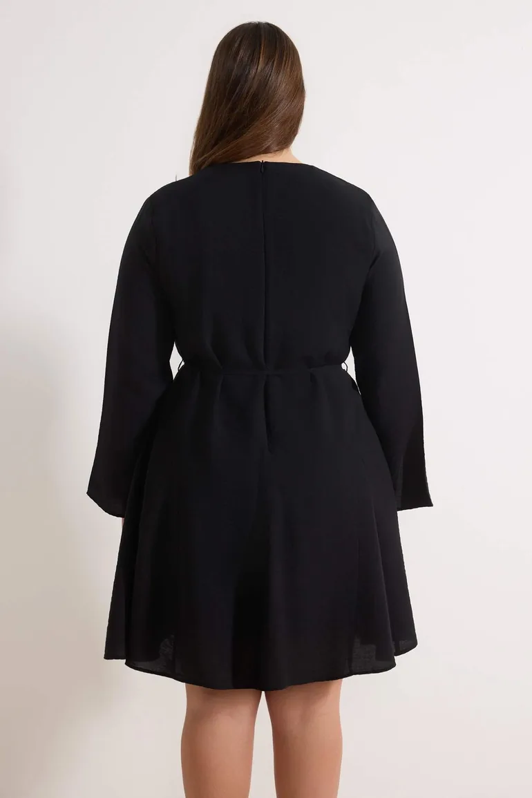 Black Lace-Up V-Neck Mini Woven Plus Size Dress - 3