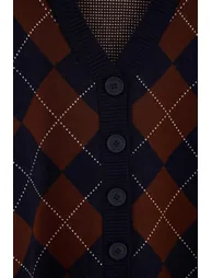 Navy Blue-Camel Baklava Patterned V-Neck Knitwear Cardigan - 5