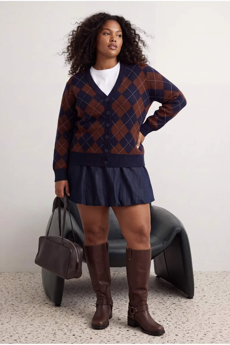 Navy Blue-Camel Baklava Patterned V-Neck Knitwear Cardigan