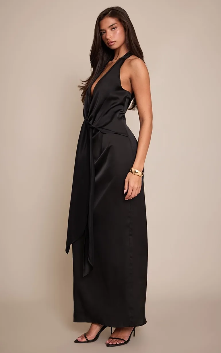 Black Satin V Neck Knot Detail Maxi Dress - 2